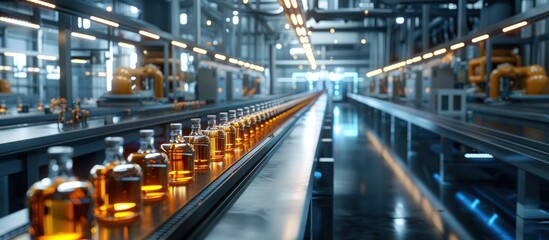 Rows of transparent amber glass bottles lined up in a busy industrial factory warehouse showcasing the production storage and distribution of various chemical oil