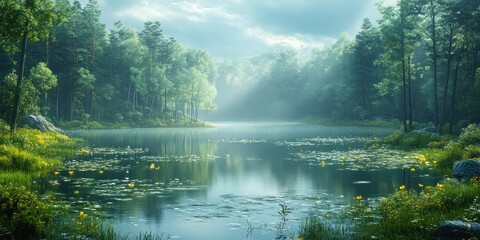 Obraz premium Serene Forest Lake with Sunbeams and Lily Pads