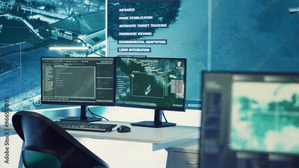 Poster empty military command headquarters with a big display and workstations used for reconnaissance and 