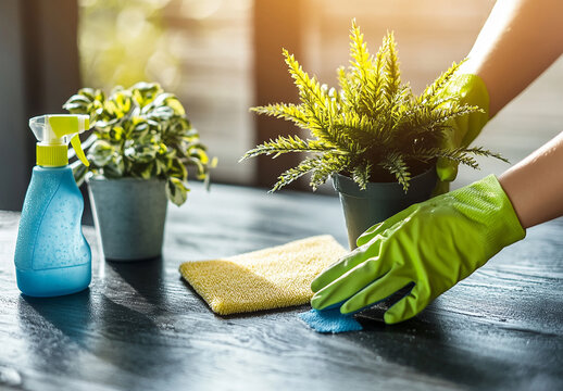 Cleaning home table sanitizing kitchen table surface with disinfectant spray bottle washing surfaces with towel and gloves