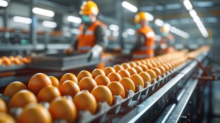 Fototapeta premium Rows of fresh eggs moving along an automated conveyor belt in a modern industrial food processing and packaging facility