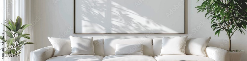 Wall mural modern living room featuring a white sofa, square white cushions, and a blank wall canvas.