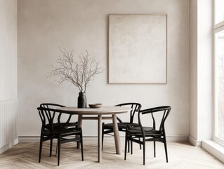 A black chair is placed in front of a white wall. The chair is positioned in front of a vase with flowers. The room has a simple and minimalistic design, with a white wall and wooden floor