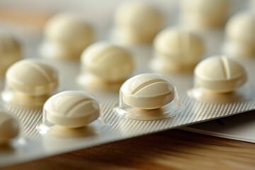 Pale tablets neatly arranged on a blister pack, showcasing their circular shape and detailing intended for health and wellness.