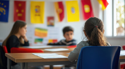 Child sitting at desk in spanish class in language school, flags of different countries on wall, multiculturalism, hispanic heritage, schoolchild, kid, education, foreign language, study, knowledge
