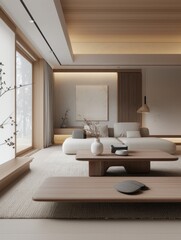A living room with a white couch and a white coffee table. The room has a minimalist design with a few decorative elements such as a vase and a bowl. The room has a calm and serene atmosphere