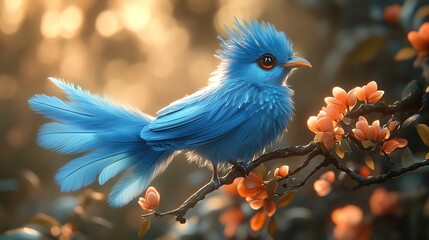 Fototapeta premium A vibrant blue bird with a long tail perched on a branch with orange blossoms.