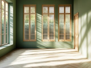 Fototapeta premium A room with three windows and a door. The room is empty and has a lot of natural light coming in from the windows