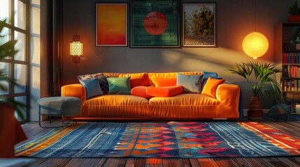 Cozy and vibrant contemporary living room with a plush patterned sofa a colorful rug and various decorative accents like framed artwork lighting and indoor plants