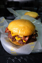 hamburger and fries in the kitchen