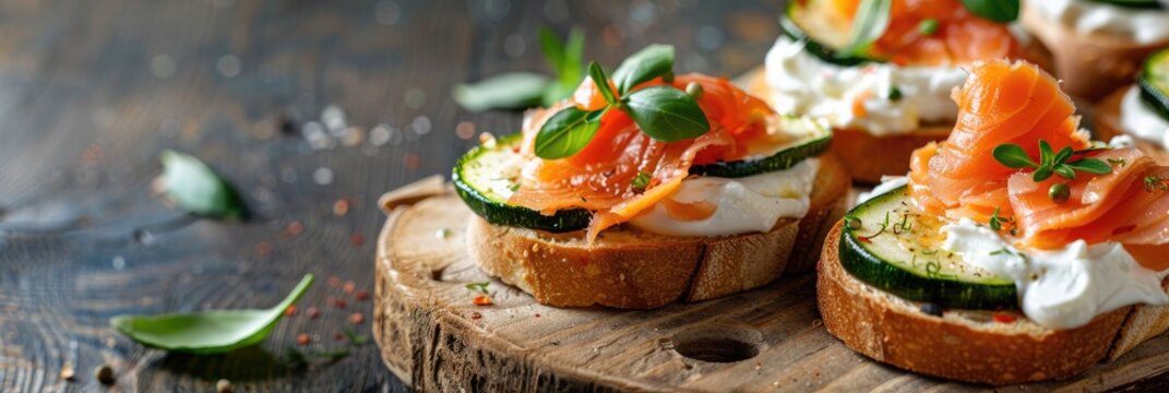 Crostini topped with cream cheese, zucchini, and smoked salmon, showcasing traditional Italian appetizers in European cuisine.