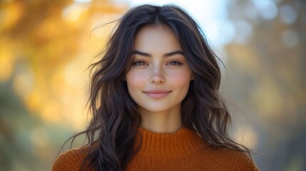 Naklejka premium Woman in orange sweater smiling in autumn park, portrait. Serenity and natural beauty concept