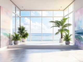 Fototapeta premium A large window with a view of the ocean and a room with a white floor and white walls