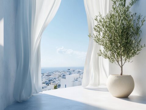 A white vase with a green plant in it sits on a white table in front of a window. The window is open, letting in a cool breeze and a view of the ocean. The scene is serene and peaceful