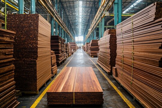 Stacks of Wood Planks in a Warehouse