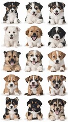 Fototapeta premium Collection of various mixed breed puppies on white background