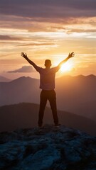 Fototapeta premium Man standing on mountain peak with arms raised at sunset