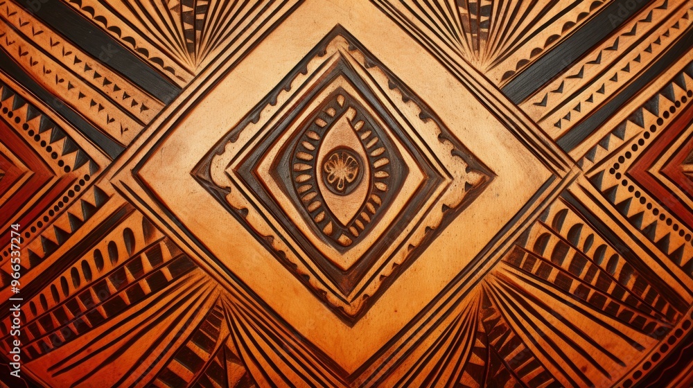 Poster a close-up of a wooden surface with intricate carvings in a geometric pattern. the warm brown tones 
