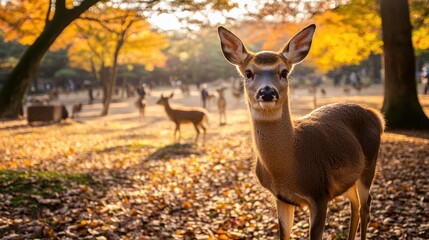 A curious deer in a fall forest