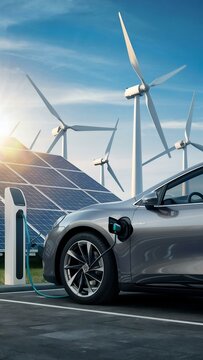 Electric car charging with solar panels and wind turbines