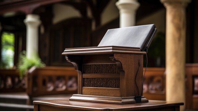 A close-up of a wooden lectern with a black leather top, in a church or chapel. The lectern is ornately carved and stands on a wooden table.