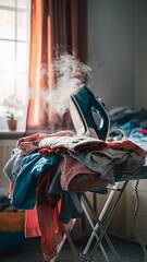 Electric iron and pile of clothes