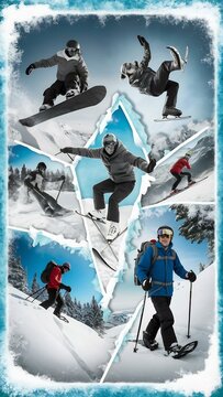 Winter sports collage with skiing, snowboarding, and skating
