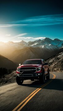 Red pickup truck driving on mountain road