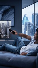 Naklejka premium Man changing tv channel by his smartphone