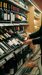 Naklejka premium Person selecting wine bottle in supermarket aisle