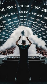 DJ performing on stage with lights and smoke