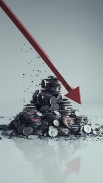 Stacks of coins with a red arrow pointing down indicating a financial crisis set on a pln white background representing the concept of economic downturn 3d rendering