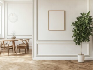 A large empty white room with a large potted plant in the corner. The room has a modern and minimalist design with a white wall and wooden furniture