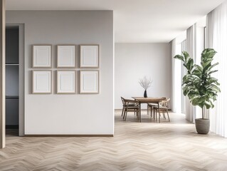 Fototapeta premium A large open room with a white wall and a black refrigerator. A potted plant is in the corner of the room. There are six pictures on the wall, and a dining table with chairs. The room has a modern