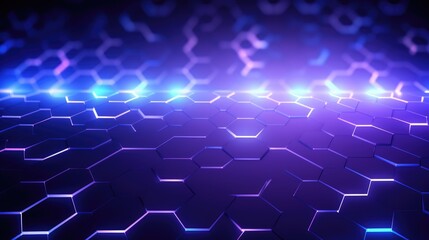 Obraz premium A futuristic abstract background with a hexagonal pattern and glowing blue and purple lights.