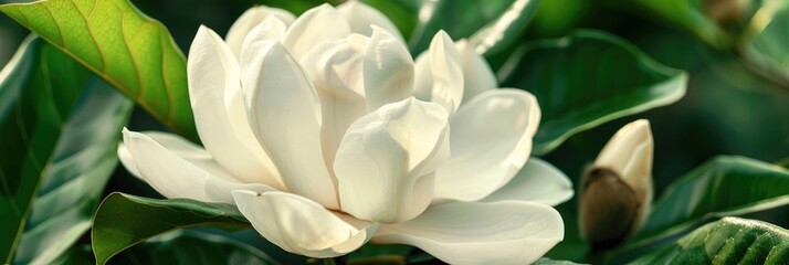 Fototapeta premium Close-up of a mature white magnolia flower with bronze edges featuring four cup-shaped petals and lush green leaves, exuding a pleasant fragrance.