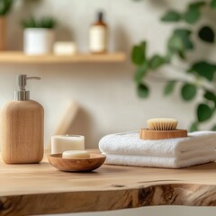 A wooden table with a white towel, a wooden soap dispenser, and a wooden bowl with candles on it