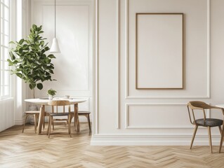 Fototapeta premium A white room with a large picture frame on the wall and a wooden table with chairs around it