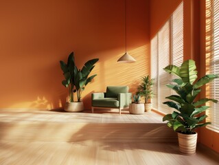 A room with a green chair and potted plants. The room is bright and inviting, with a warm orange wall