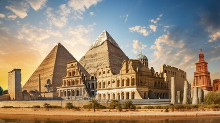 Fototapeta premium A majestic view of ancient pyramids and a towering structure, bathed in the warm glow of a setting sun.
