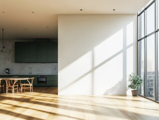 Obraz premium A large open kitchen with a white wall and a large window. The kitchen is well lit and has a modern feel