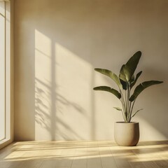 A large potted plant sits in a room with a white wall and wooden floor. The plant is the main focus of the room, and it creates a sense of calm and tranquility