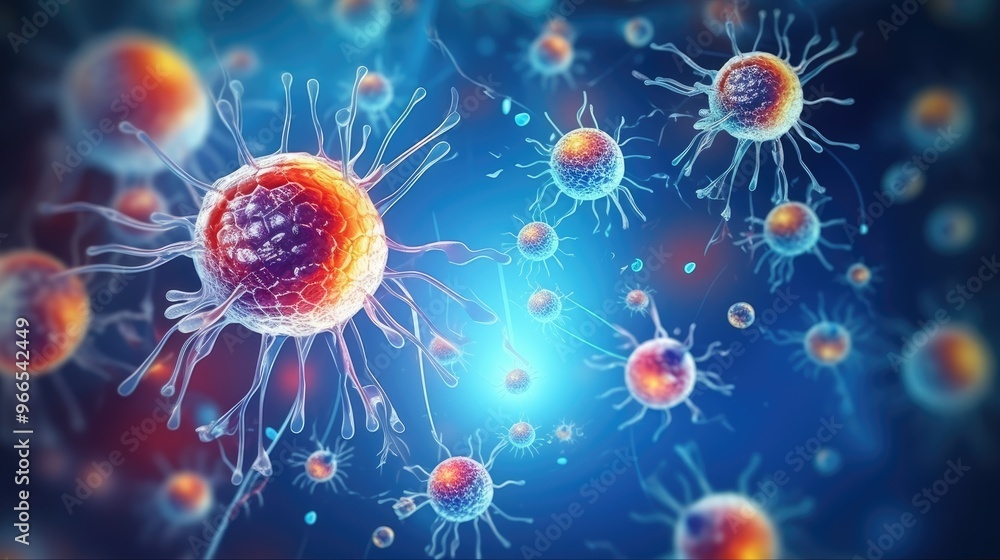 Poster a microscopic view of cells with intricate details and vibrant colors. the image evokes a sense of w