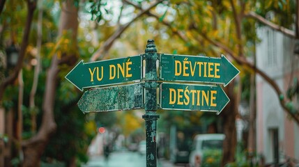 Green Directional Signs with Yellow Text in a City Setting