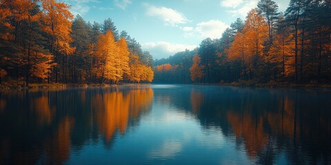 Autumnal Forest Reflecting in a Calm Lake
