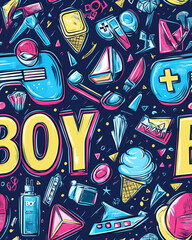 Obraz premium Colorful seamless pattern showcasing boyhood elements with gaming accessories, sweets, and vibrant geometric shapes for playful design