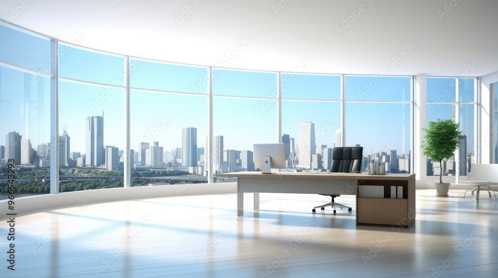 Poster a modern office with a large window overlooking a city skyline. the desk is made of wood and has a c