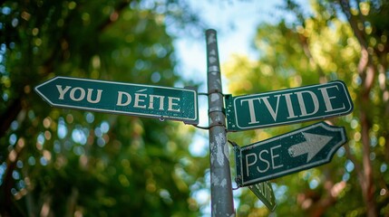 Fototapeta premium Green Street Signs with White Letters Pointing in Different Directions