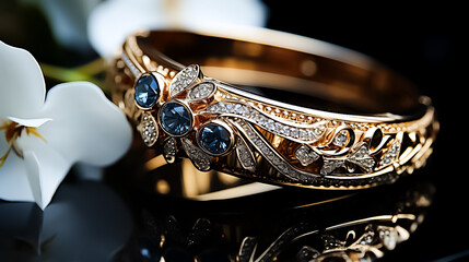 A gold ring with a diamond and diamonds on it, ring with diamonds, bracelet with diamonds, bracelet