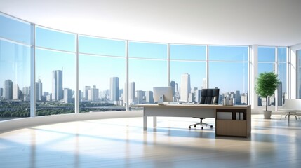 Fototapeta premium A modern office with a large window overlooking a city skyline. The desk is made of wood and has a computer monitor on it.